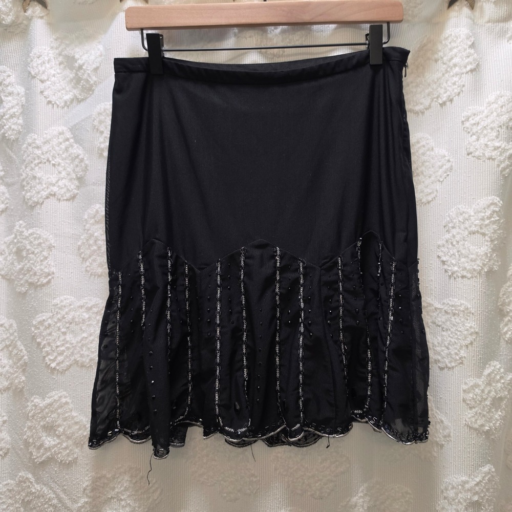Express Black Mesh Beaded Sequin Scalloped Hem‎ Mini Skirt Size 8 Side Zip Y2K